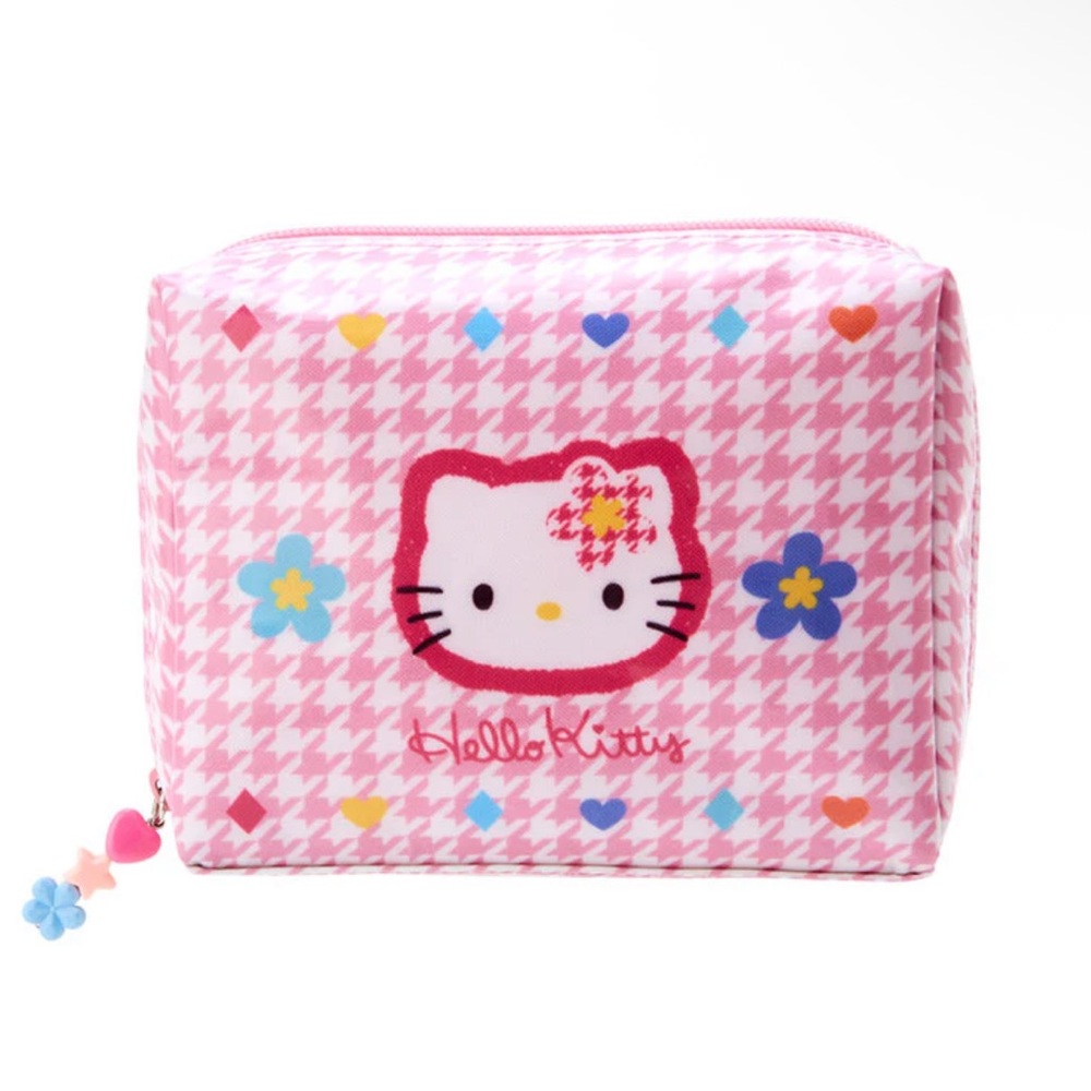 SANRIO Hello Kitty Pink Houndstooth Cosmetic Bag / Zipper Pouch NIP